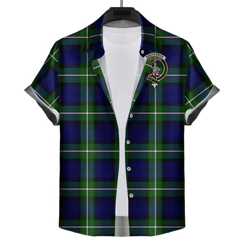 Bannerman Tartan Short Sleeve Button Down Shirt with Family Crest - Tartanvibesclothing