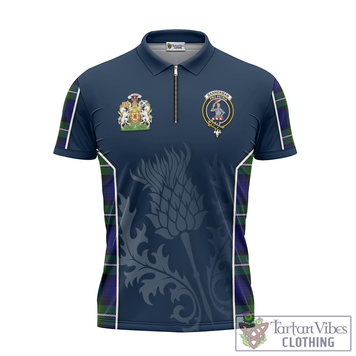 Tartan Vibes Clothing Bannerman Tartan Zipper Polo Shirt with Family Crest and Scottish Thistle Vibes Sport Style