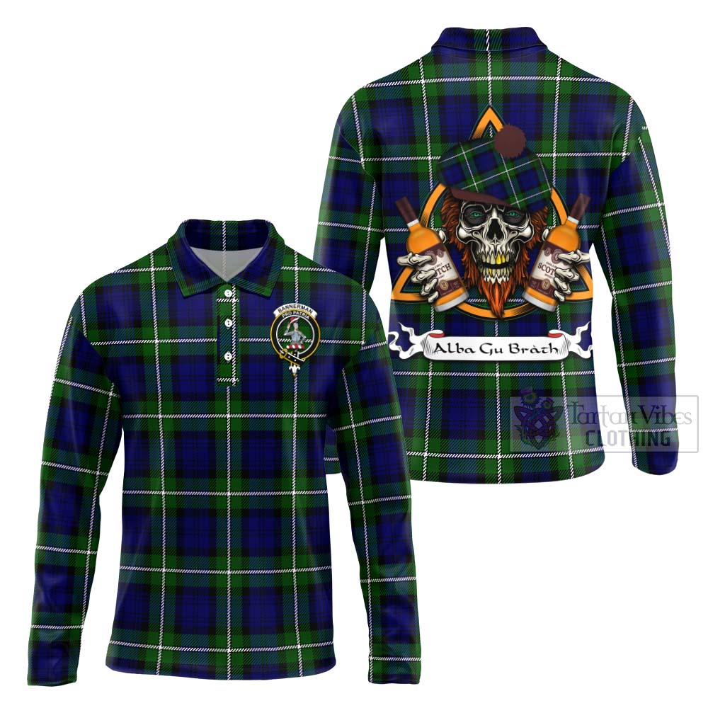 Tartan Vibes Clothing Bannerman Tartan Long Sleeve Polo Shirt with Family Crest and Bearded Skull Holding Bottles of Whiskey