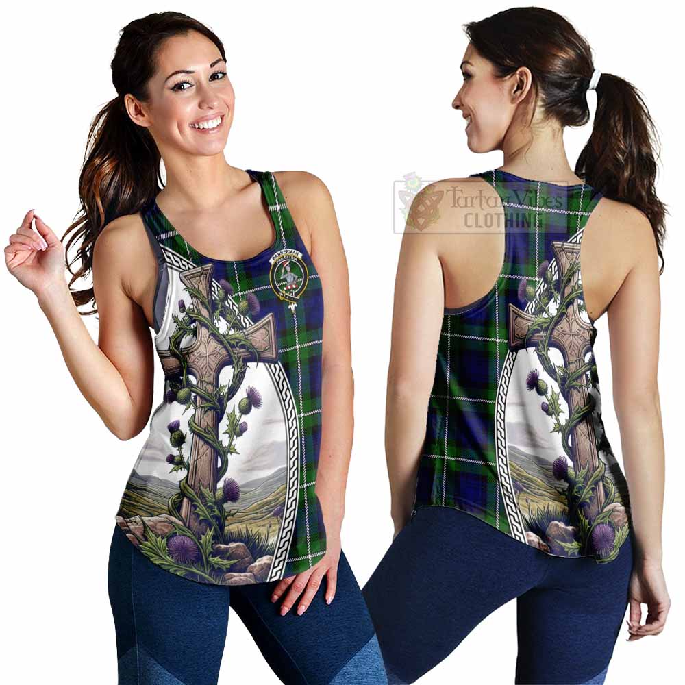 Tartan Vibes Clothing Bannerman Tartan Women's Racerback Tanks with Family Crest and St. Andrew's Cross Accented by Thistle Vines