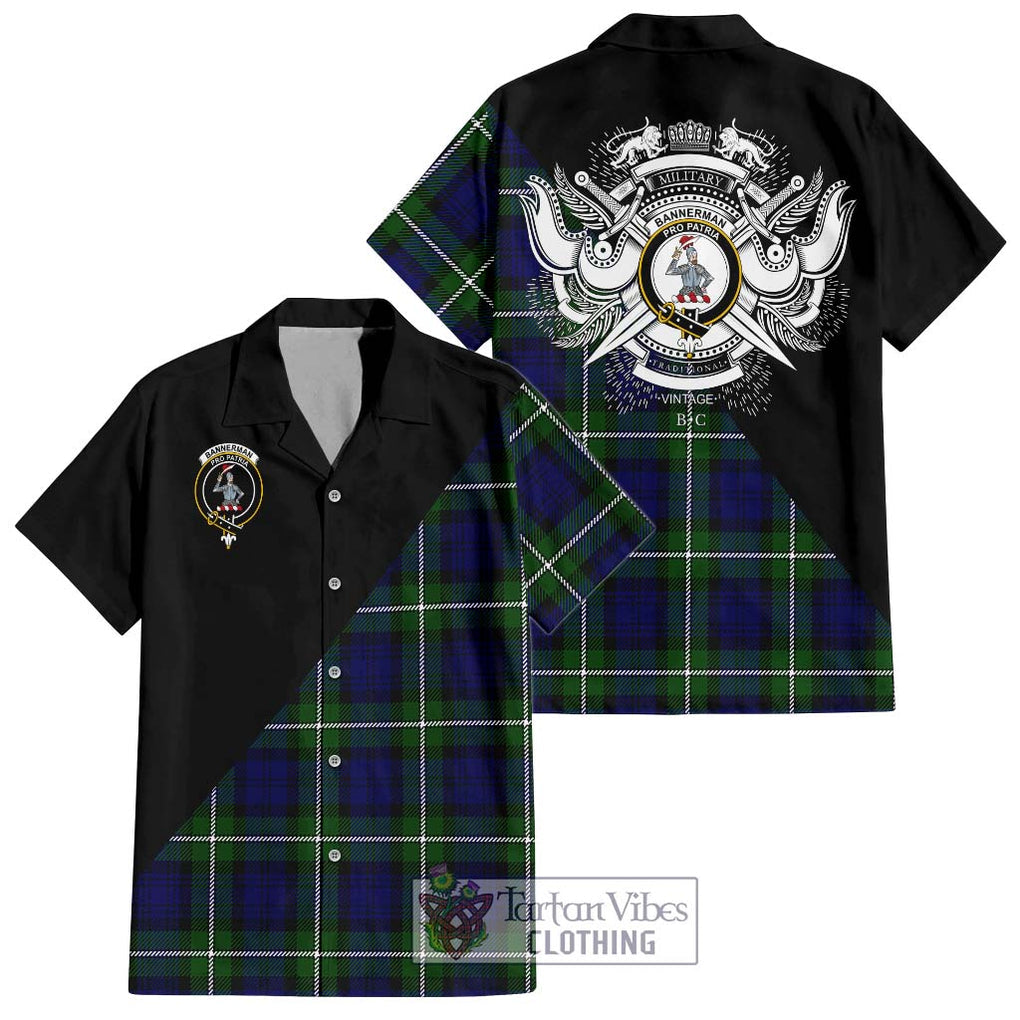 Bannerman Tartan Short Sleeve Button Shirt with Family Crest and Military Logo Style Kid - Tartanvibesclothing Shop