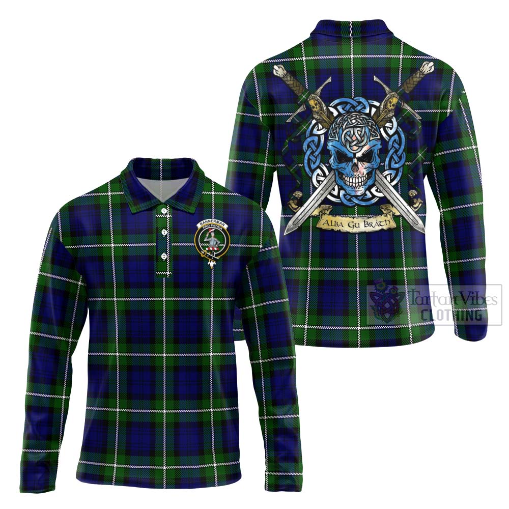 Tartan Vibes Clothing Bannerman Tartan Long Sleeve Polo Shirt with Family Crest Celtic Skull Style