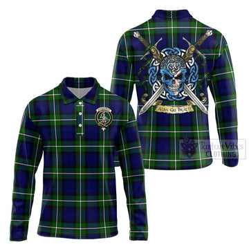 Bannerman Tartan Long Sleeve Polo Shirt with Family Crest Celtic Skull Style