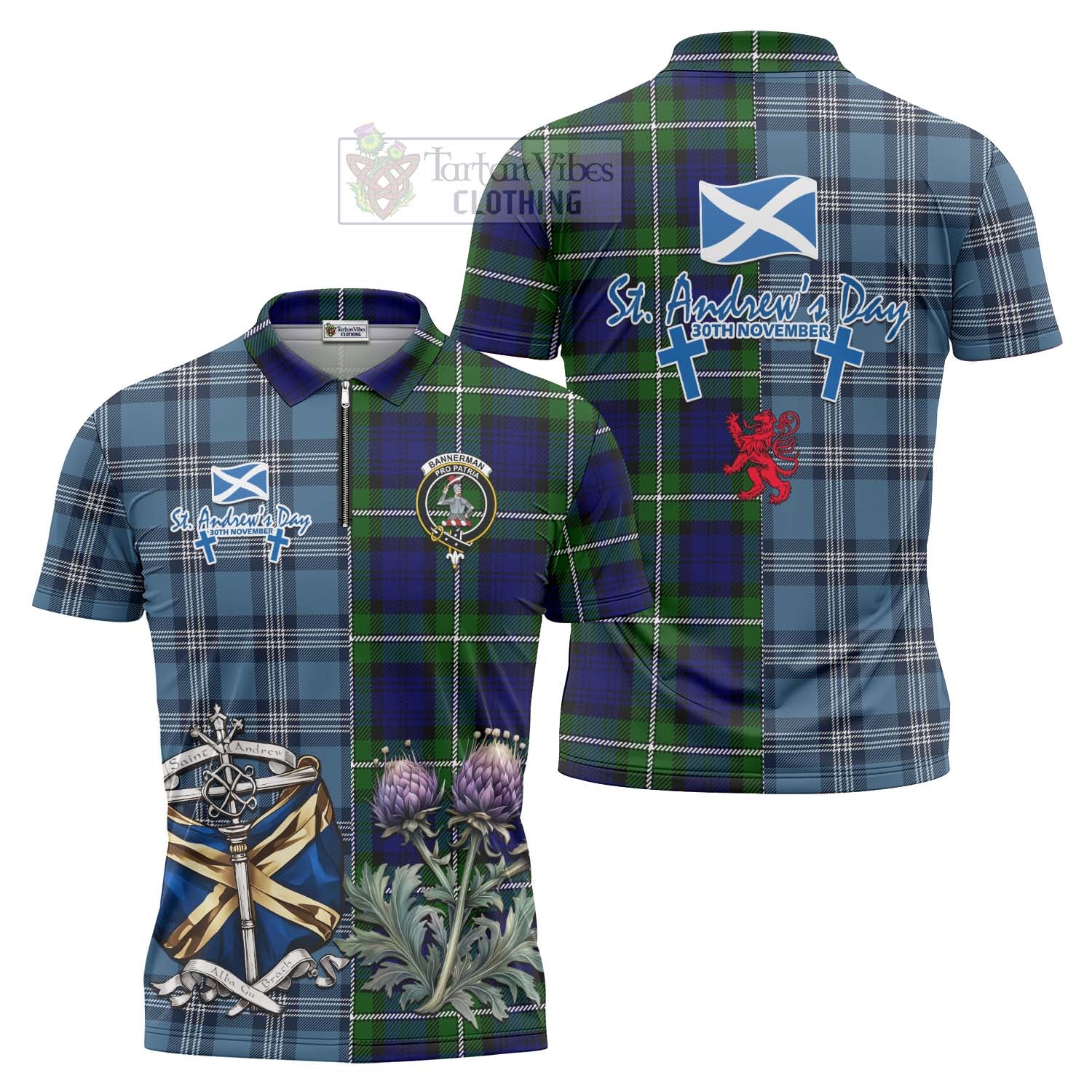 Tartan Vibes Clothing Bannerman Tartan Zipper Polo Shirt Happy St. Andrew's Day Half Tartan Style