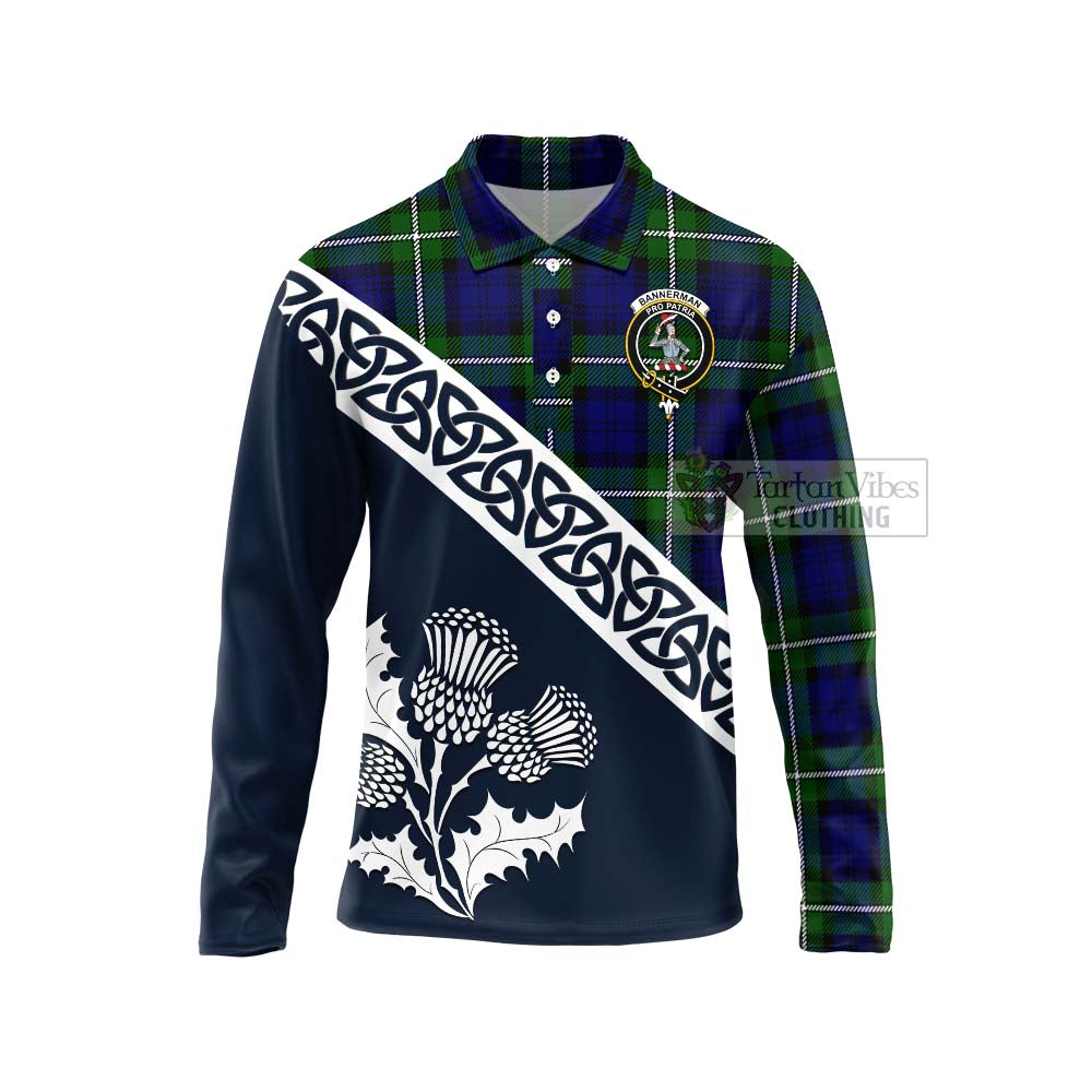 Tartan Vibes Clothing Bannerman Tartan Long Sleeve Polo Shirt Featuring Thistle and Scotland Map