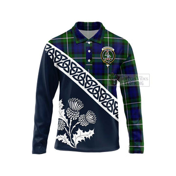 Bannerman Tartan Long Sleeve Polo Shirt Featuring Thistle and Scotland Map