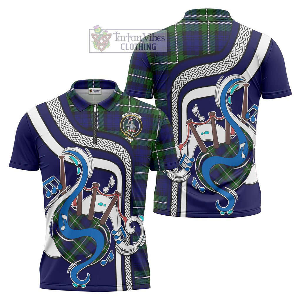 Bannerman Tartan Zipper Polo Shirt with Epic Bagpipe Style Unisex - Tartanvibesclothing Shop