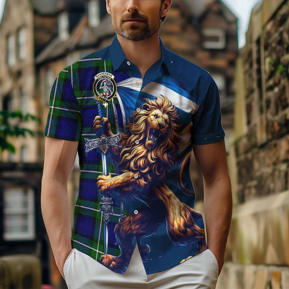 Tartan Vibes Clothing Bannerman Tartan Family Crest Short Sleeve Button Shirt with Scottish Majestic Lion