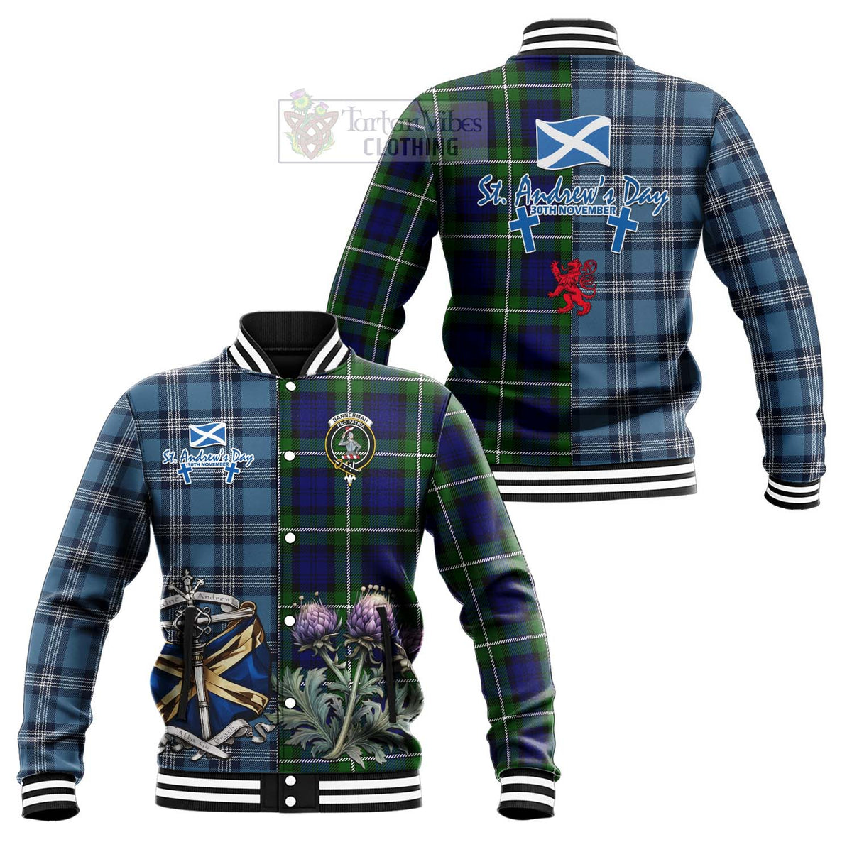 Bannerman Tartan Baseball Jacket Happy St. Andrew's Day Half Tartan Style Unisex - Tartan Vibes Clothing