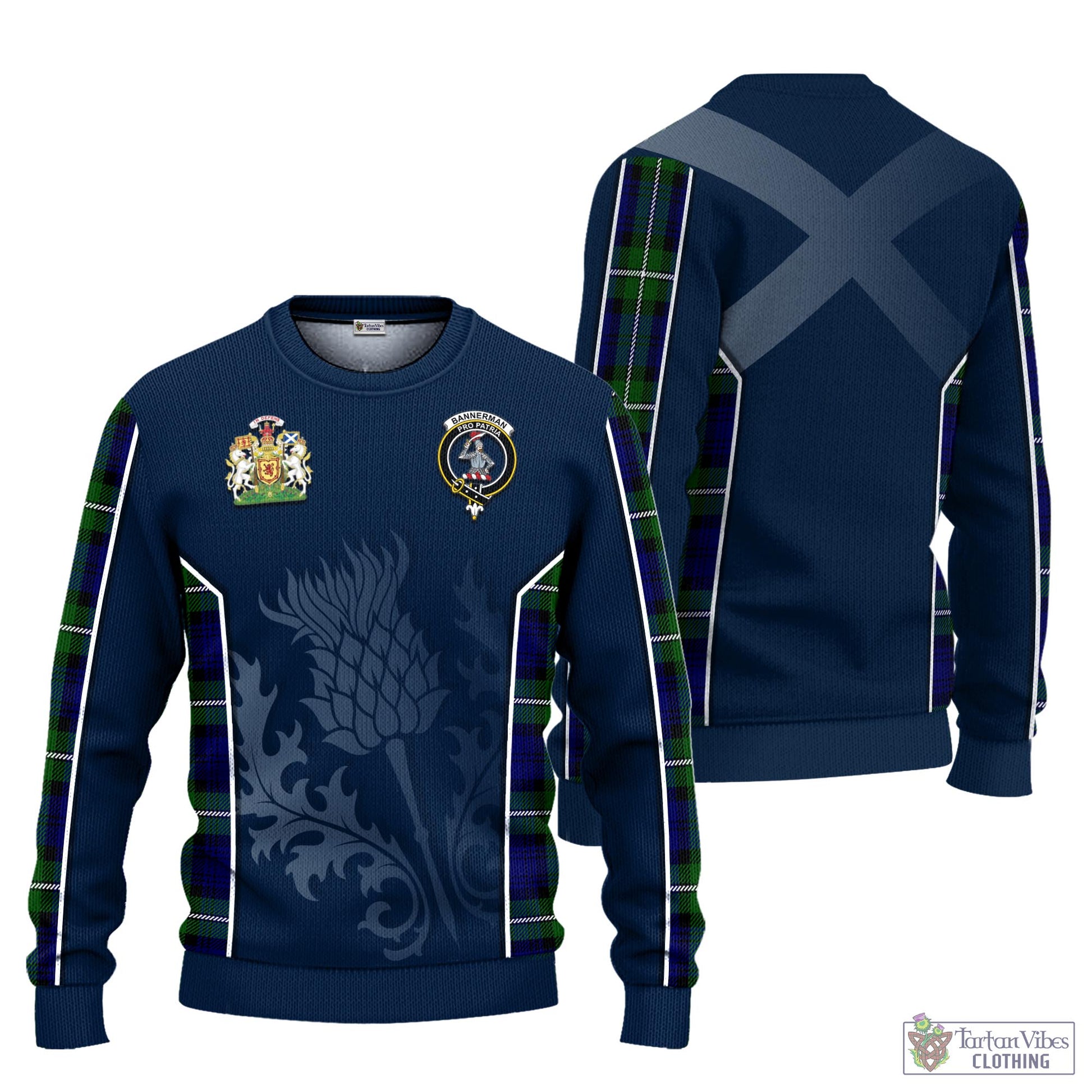 Tartan Vibes Clothing Bannerman Tartan Knitted Sweatshirt with Family Crest and Scottish Thistle Vibes Sport Style