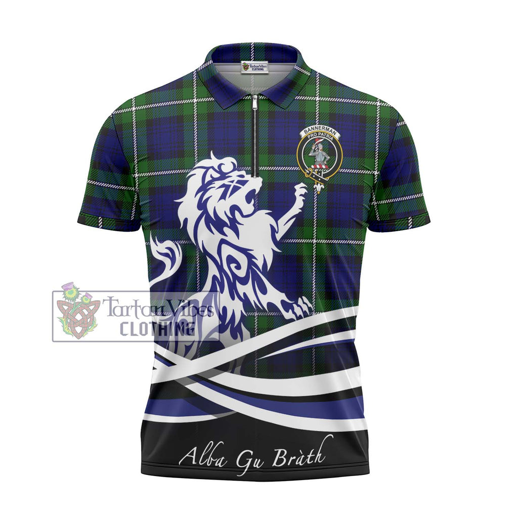 Bannerman Tartan Zipper Polo Shirt with Alba Gu Brath Regal Lion Emblem - Tartanvibesclothing Shop