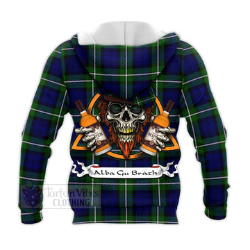 Bannerman Tartan Knitted Hoodie with Family Crest and Bearded Skull Holding Bottles of Whiskey