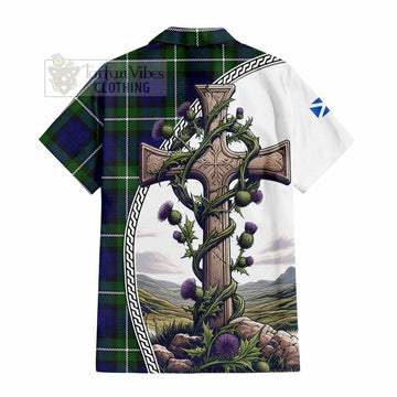 Bannerman Tartan Short Sleeve Button Shirt with Family Crest and St. Andrew's Cross Accented by Thistle Vines