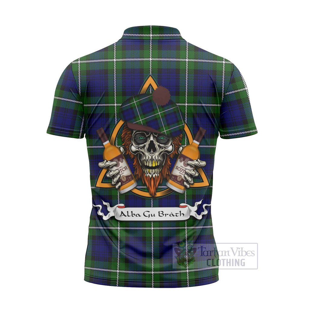 Tartan Vibes Clothing Bannerman Tartan Zipper Polo Shirt with Family Crest and Bearded Skull Holding Bottles of Whiskey