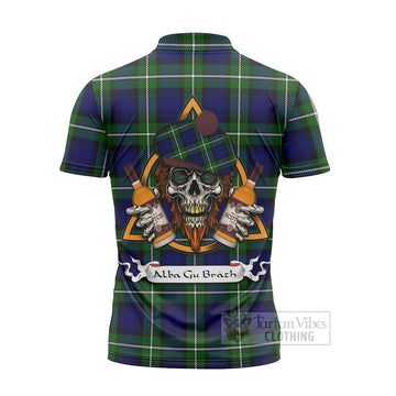 Bannerman Tartan Zipper Polo Shirt with Family Crest and Bearded Skull Holding Bottles of Whiskey