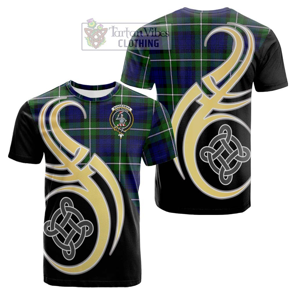 Tartan Vibes Clothing Bannerman Tartan Cotton T-shirt with Family Crest and Celtic Symbol Style