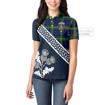 Bannerman Tartan Women's Polo Shirt Featuring Thistle and Scotland Map