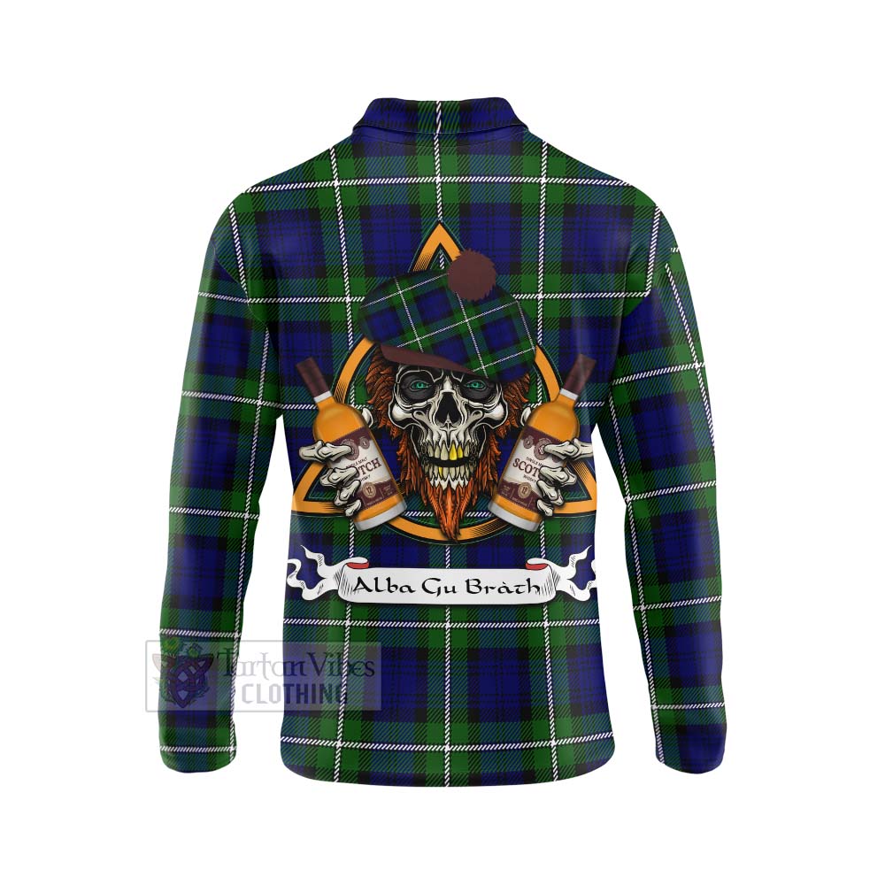 Tartan Vibes Clothing Bannerman Tartan Long Sleeve Polo Shirt with Family Crest and Bearded Skull Holding Bottles of Whiskey