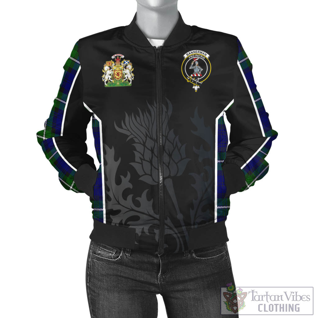 Tartan Vibes Clothing Bannerman Tartan Bomber Jacket with Family Crest and Scottish Thistle Vibes Sport Style