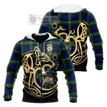 Bannerman Tartan Knitted Hoodie with Family Crest Celtic Wolf Style