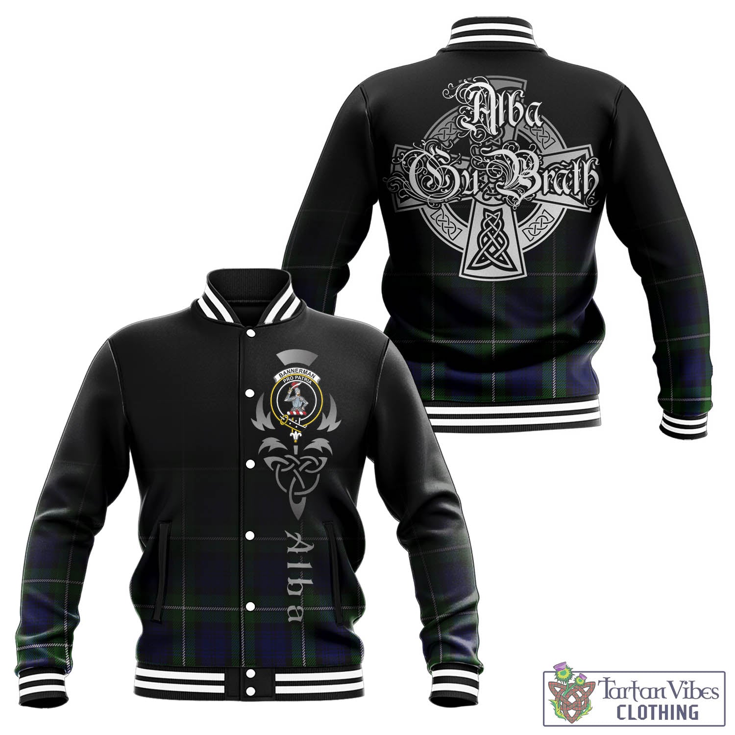 Tartan Vibes Clothing Bannerman Tartan Baseball Jacket Featuring Alba Gu Brath Family Crest Celtic Inspired