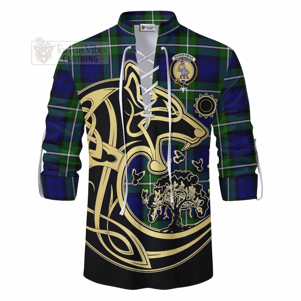 Tartan Vibes Clothing Bannerman Tartan Ghillie Kilt Shirt with Family Crest Celtic Wolf Style