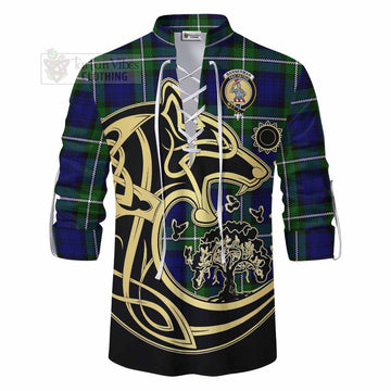 Bannerman Tartan Ghillie Kilt Shirt with Family Crest Celtic Wolf Style