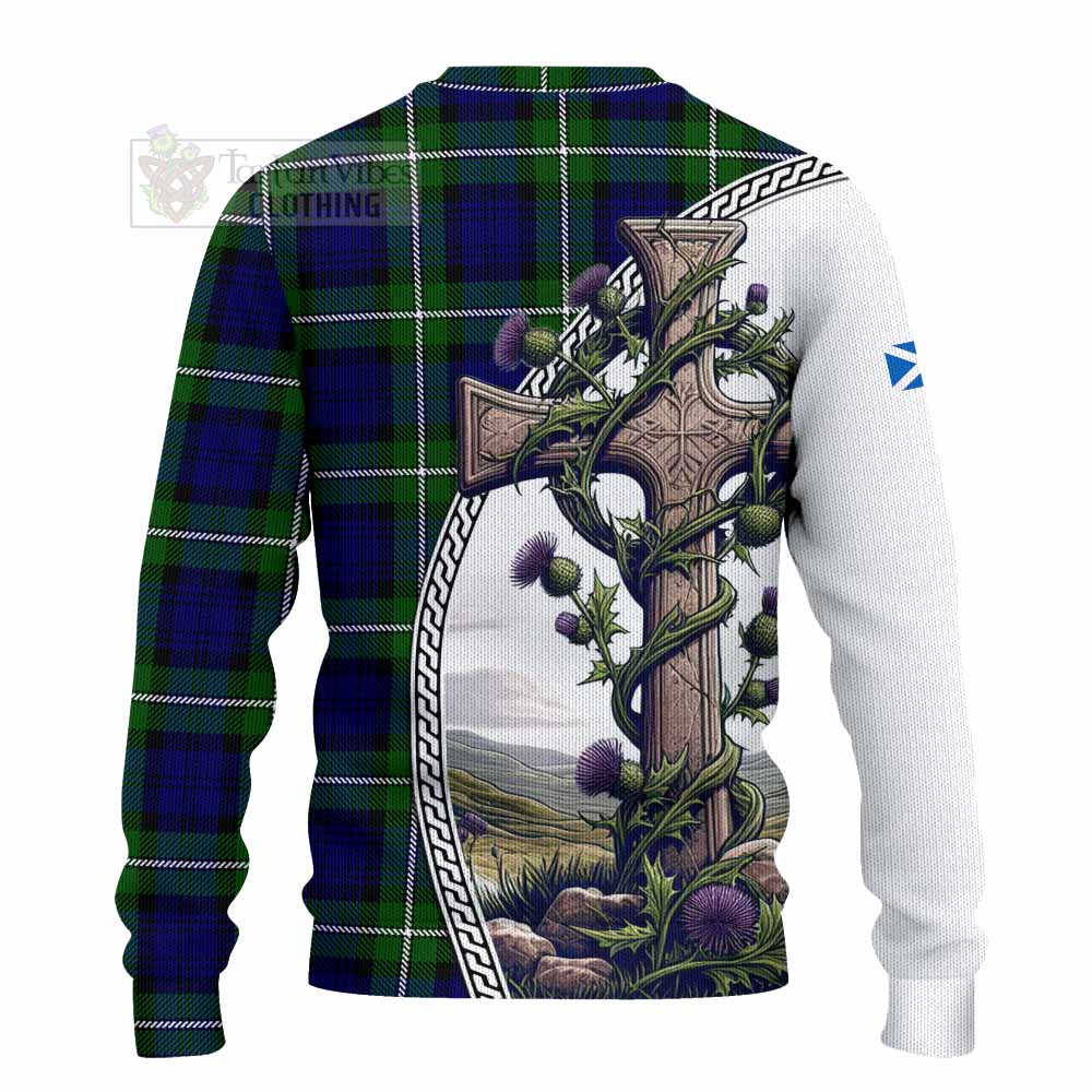 Tartan Vibes Clothing Bannerman Tartan Knitted Sweater with Family Crest and St. Andrew's Cross Accented by Thistle Vines