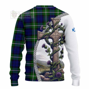 Bannerman Tartan Knitted Sweater with Family Crest and St. Andrew's Cross Accented by Thistle Vines