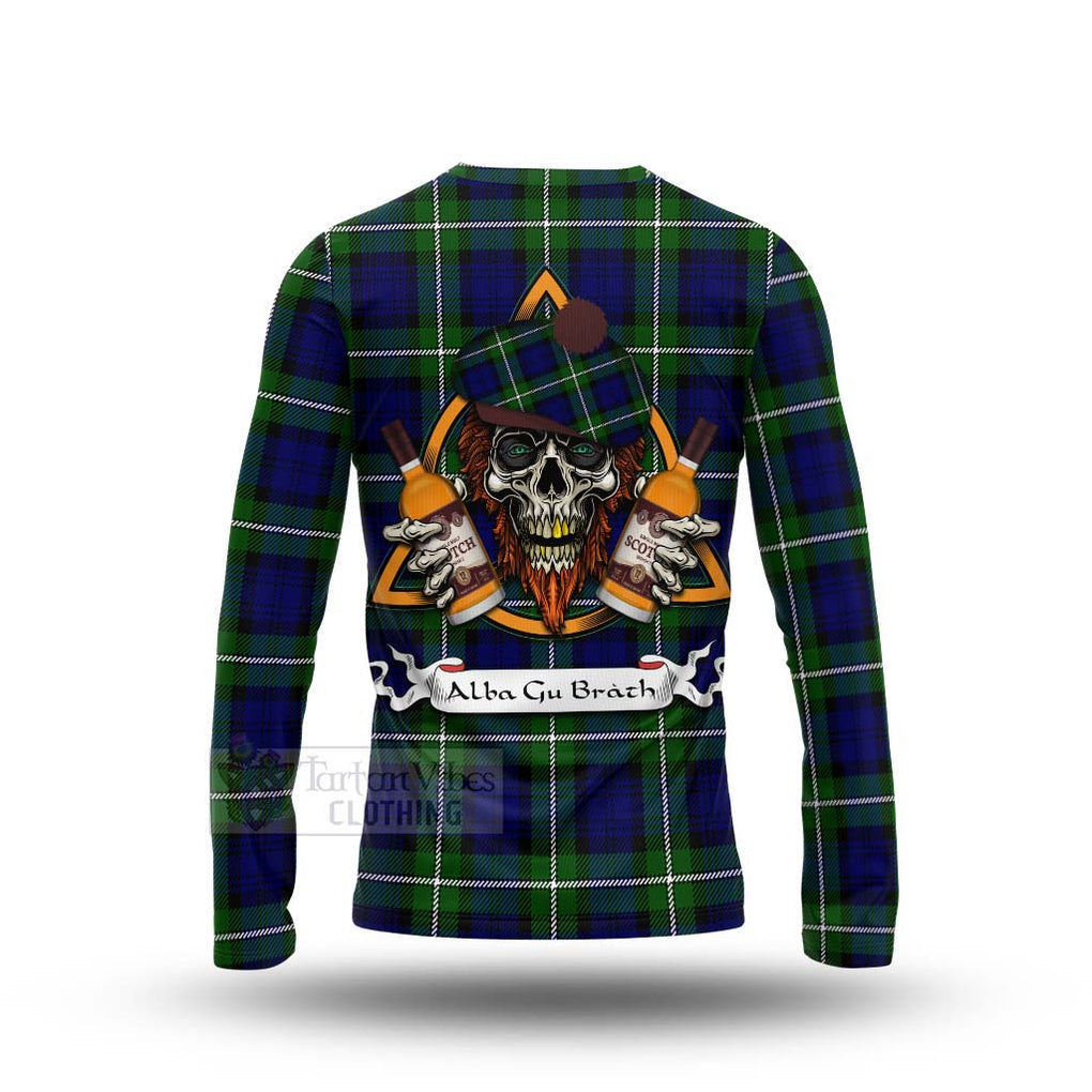 Tartan Vibes Clothing Bannerman Tartan Long Sleeve T-Shirt with Family Crest and Bearded Skull Holding Bottles of Whiskey