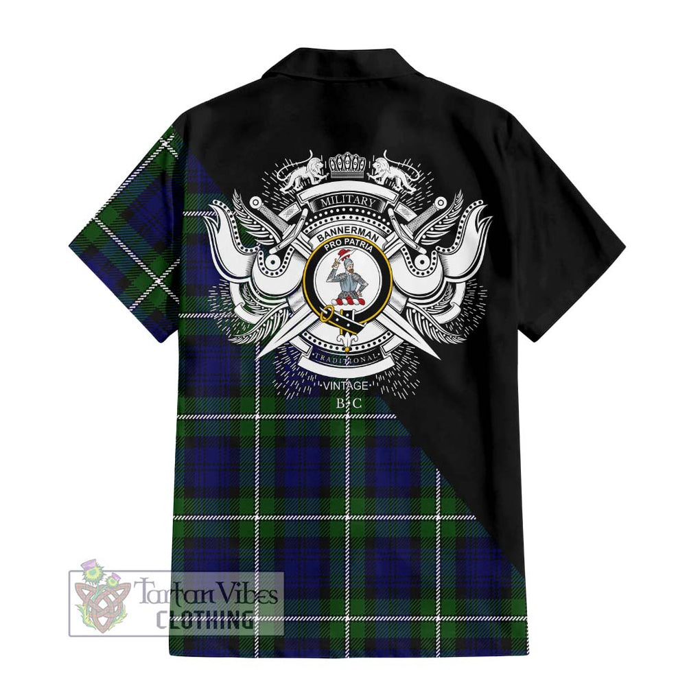 Bannerman Tartan Short Sleeve Button Shirt with Family Crest and Military Logo Style - Tartanvibesclothing Shop