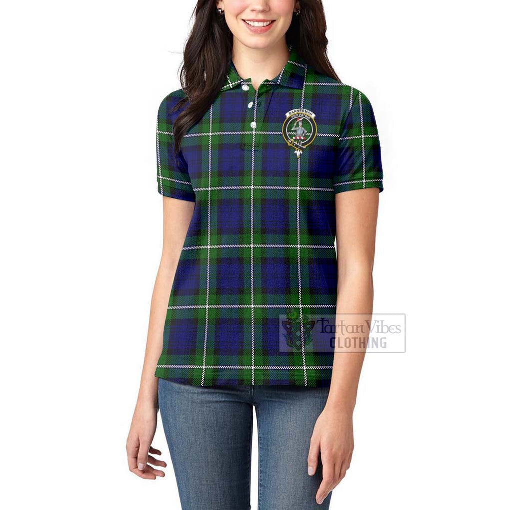 Tartan Vibes Clothing Bannerman Tartan Women's Polo Shirt with Family Crest and Bearded Skull Holding Bottles of Whiskey