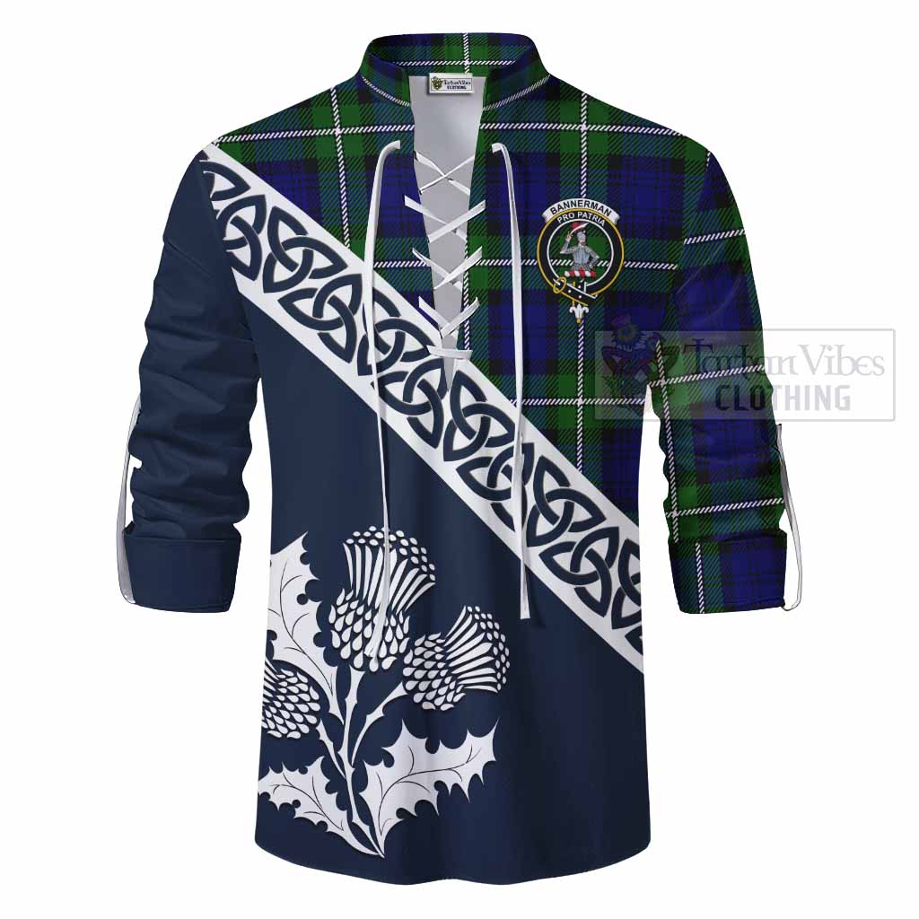 Tartan Vibes Clothing Bannerman Tartan Ghillie Kilt Shirt Featuring Thistle and Scotland Map