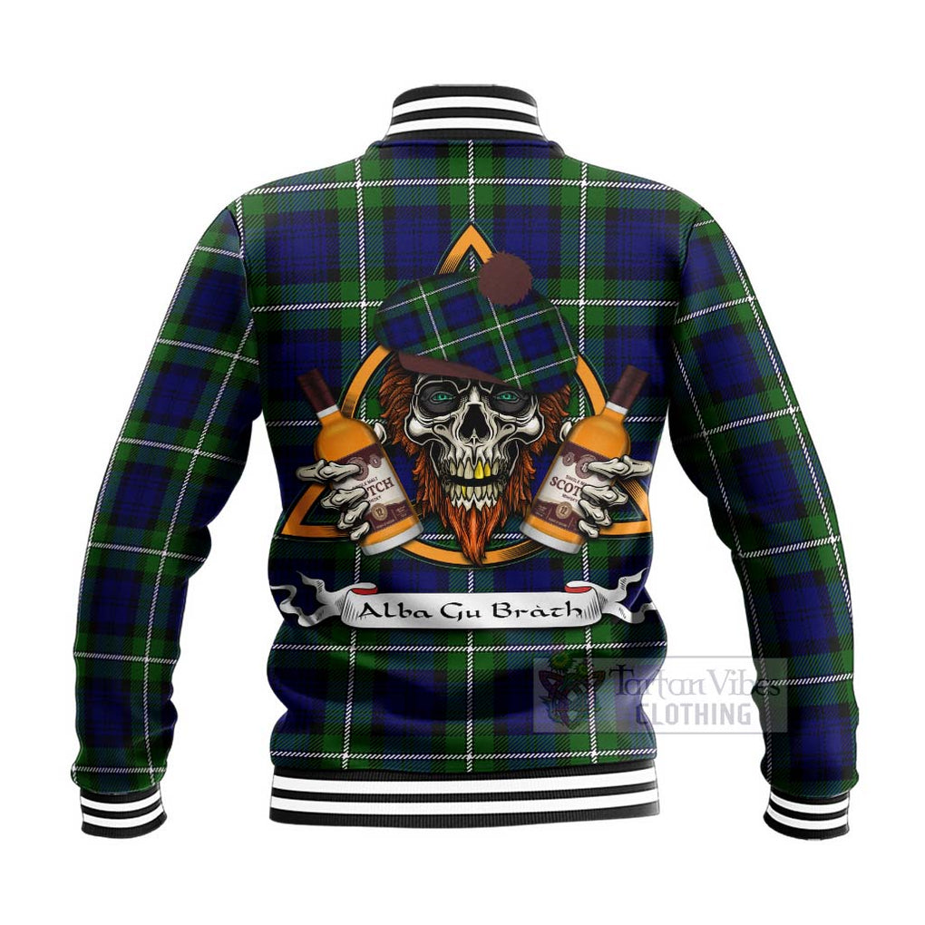 Tartan Vibes Clothing Bannerman Tartan Baseball Jacket with Family Crest and Bearded Skull Holding Bottles of Whiskey