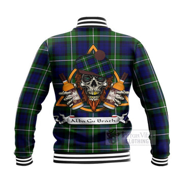 Bannerman Tartan Baseball Jacket with Family Crest and Bearded Skull Holding Bottles of Whiskey