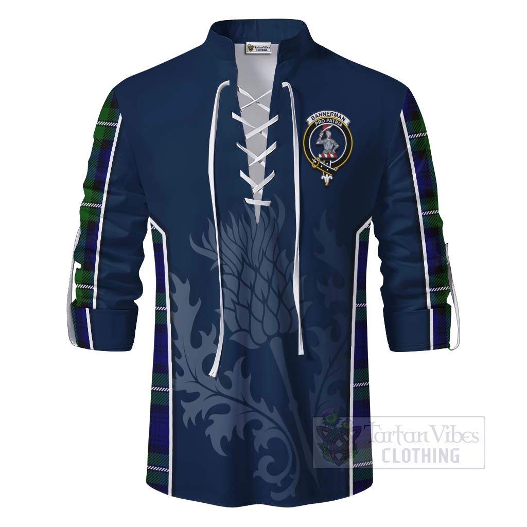 Tartan Vibes Clothing Bannerman Tartan Ghillie Kilt Shirt with Family Crest and Scottish Thistle Vibes Sport Style