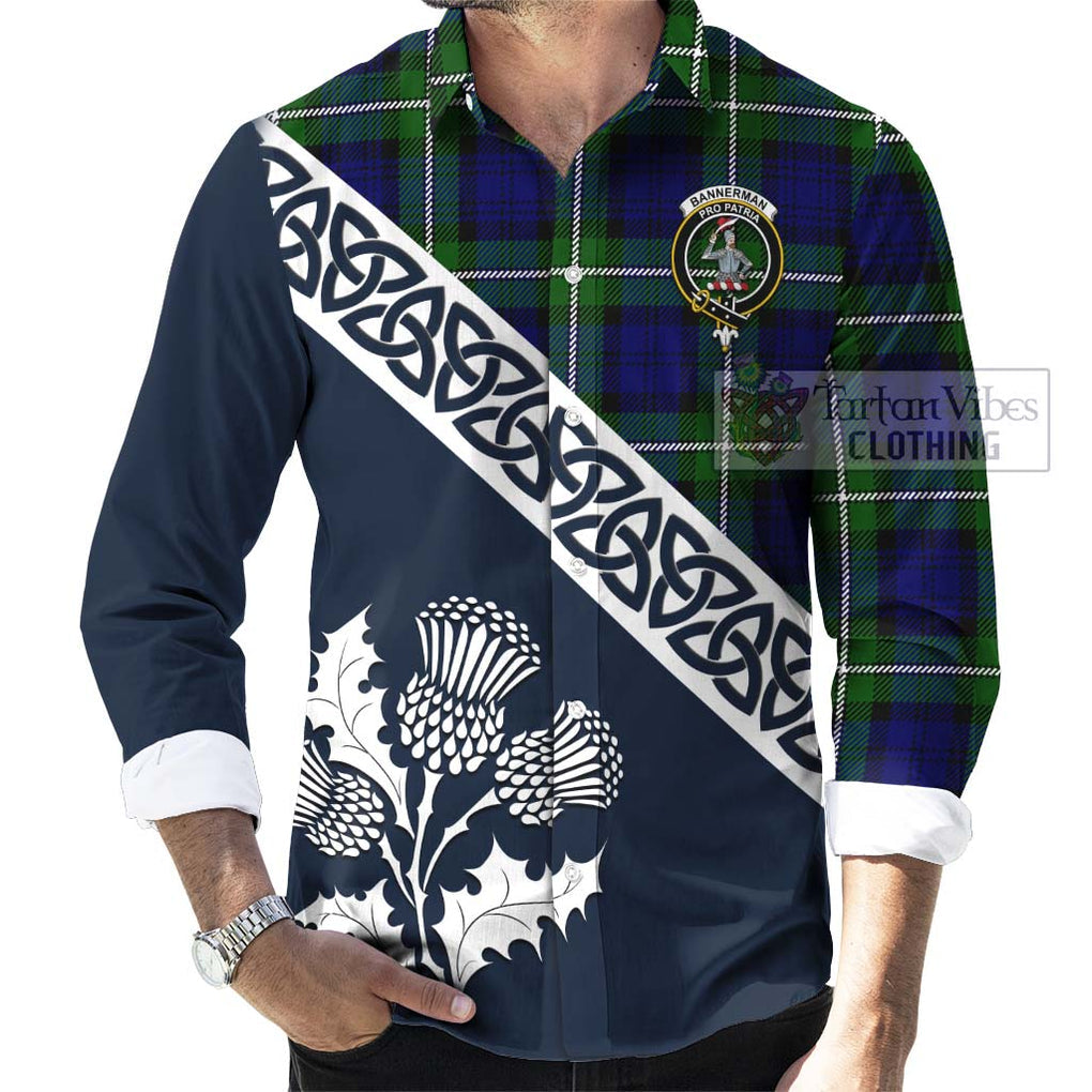 Tartan Vibes Clothing Bannerman Tartan Long Sleeve Button Shirt Featuring Thistle and Scotland Map