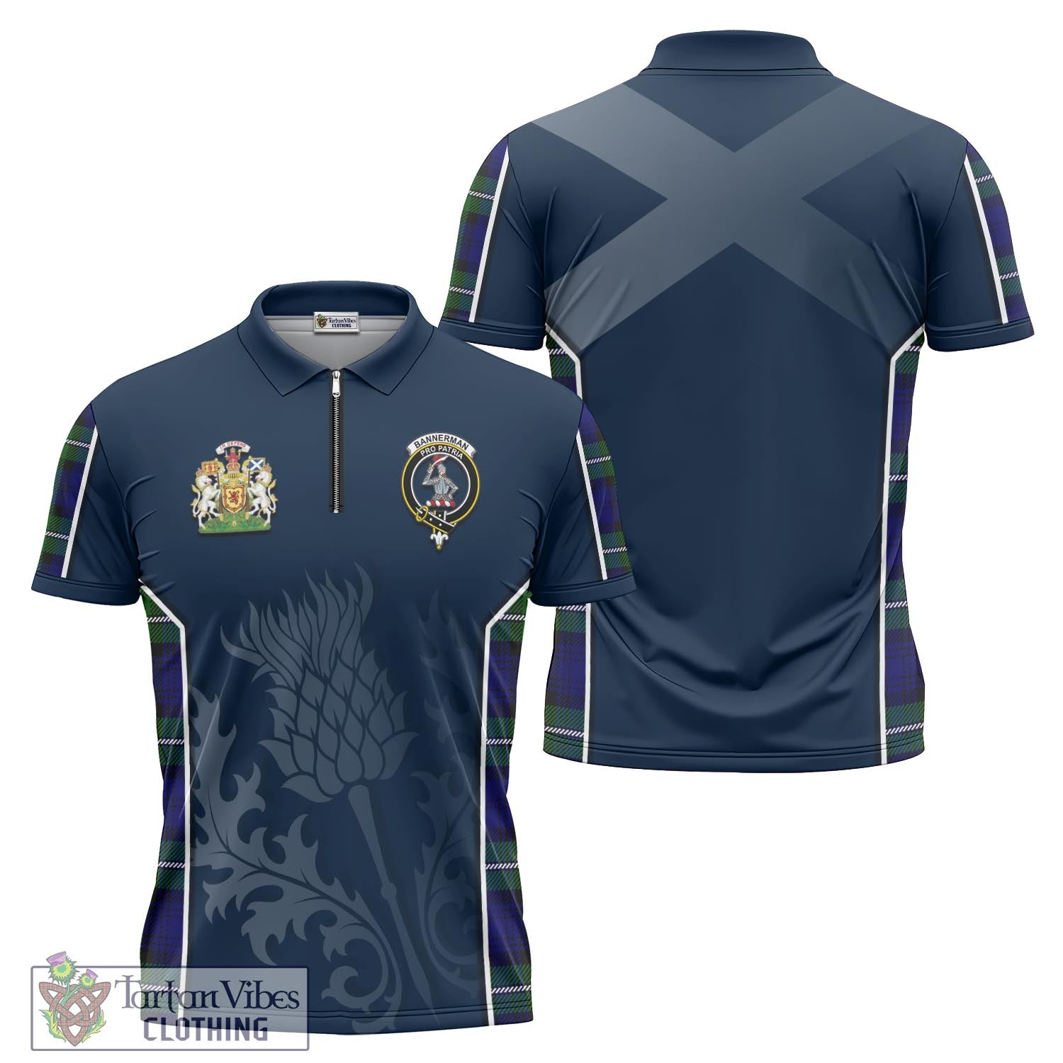 Tartan Vibes Clothing Bannerman Tartan Zipper Polo Shirt with Family Crest and Scottish Thistle Vibes Sport Style