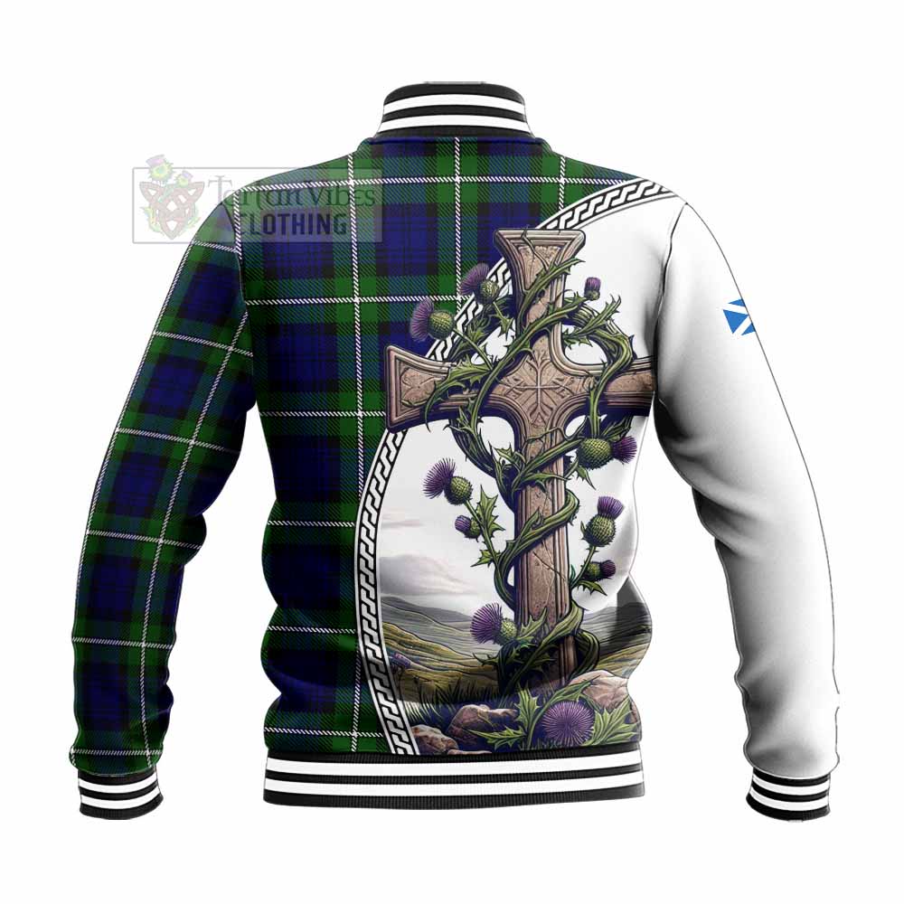 Tartan Vibes Clothing Bannerman Tartan Baseball Jacket with Family Crest and St. Andrew's Cross Accented by Thistle Vines