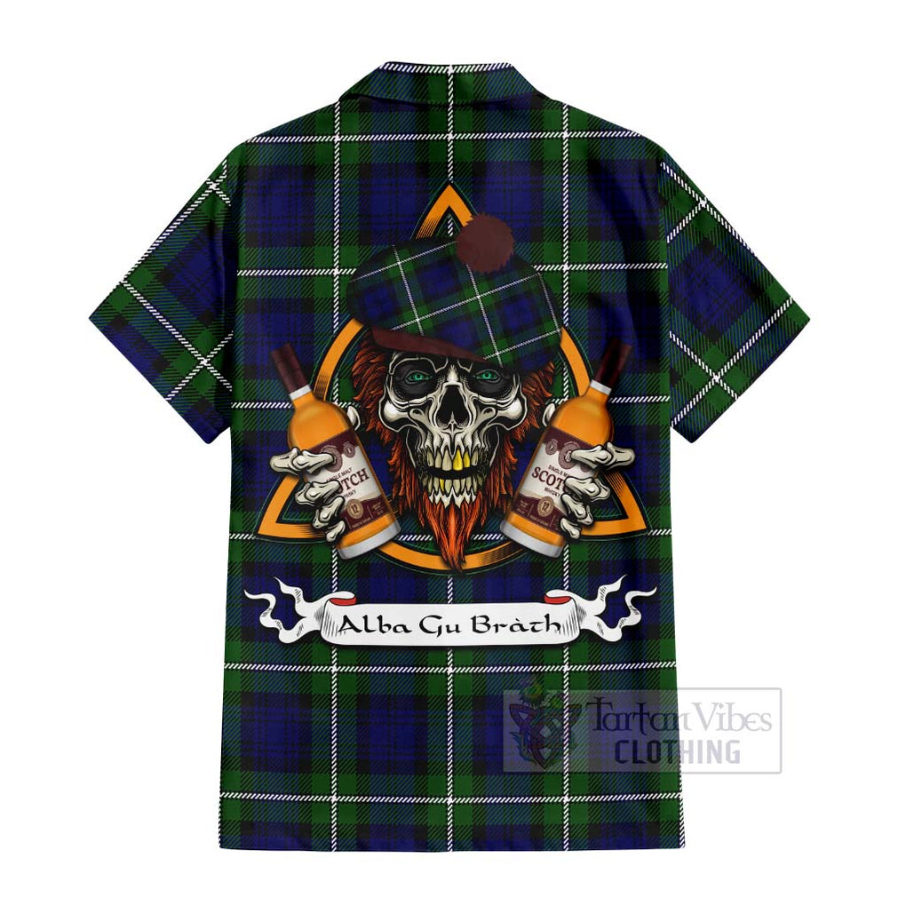 Tartan Vibes Clothing Bannerman Tartan Short Sleeve Button Shirt with Family Crest and Bearded Skull Holding Bottles of Whiskey