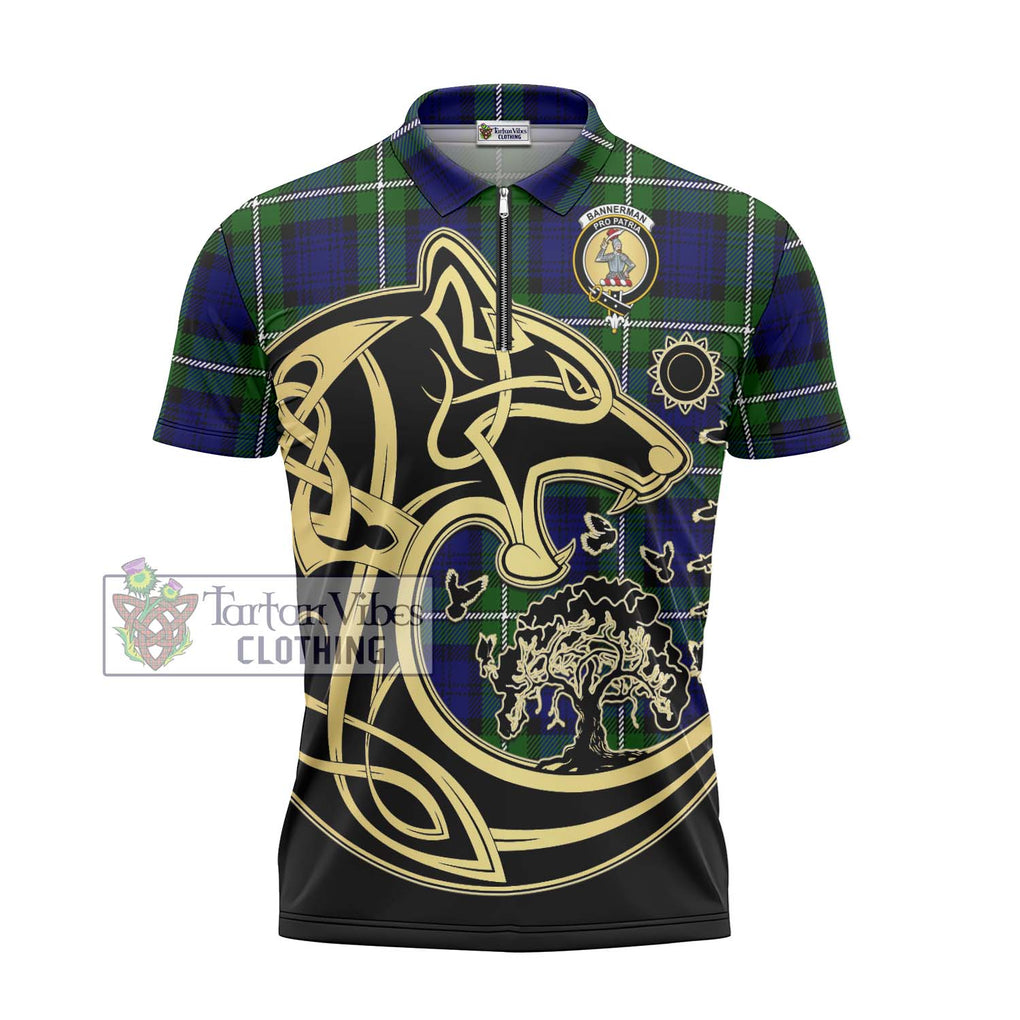 Bannerman Tartan Zipper Polo Shirt with Family Crest Celtic Wolf Style - Tartanvibesclothing Shop