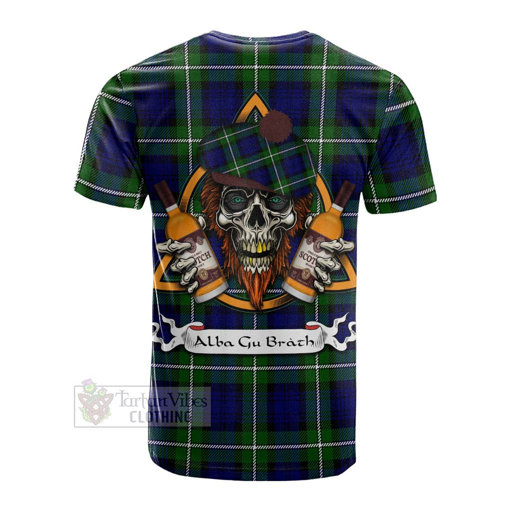 Tartan Vibes Clothing Bannerman Tartan Cotton T-shirt with Family Crest and Bearded Skull Holding Bottles of Whiskey