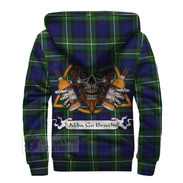 Bannerman Tartan Sherpa Hoodie with Family Crest and Bearded Skull Holding Bottles of Whiskey