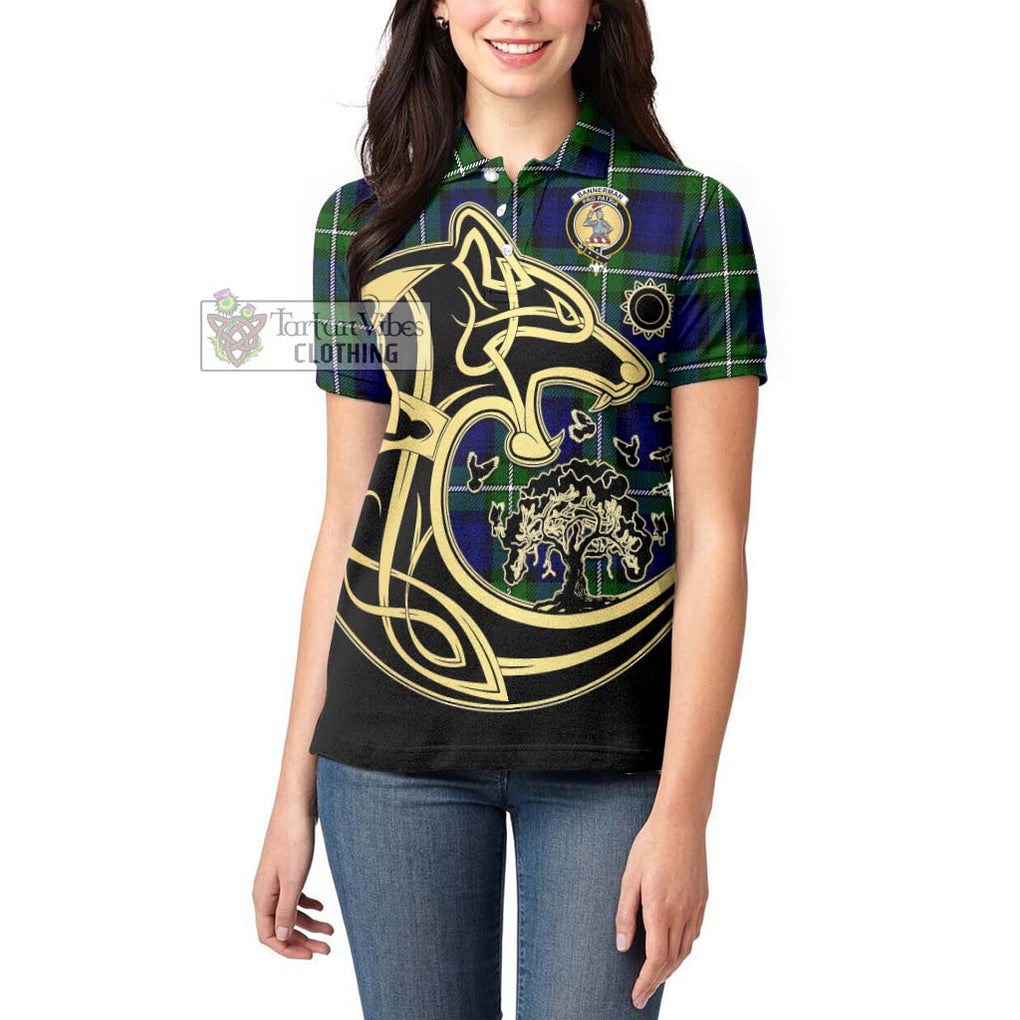 Bannerman Tartan Women's Polo Shirt with Family Crest Celtic Wolf Style - Tartanvibesclothing Shop