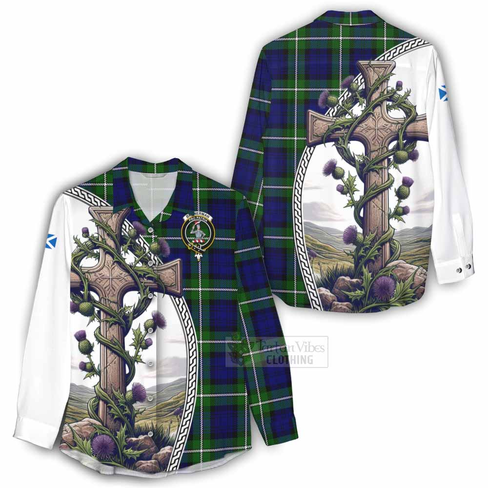 Tartan Vibes Clothing Bannerman Tartan Women's Casual Shirt with Family Crest and St. Andrew's Cross Accented by Thistle Vines