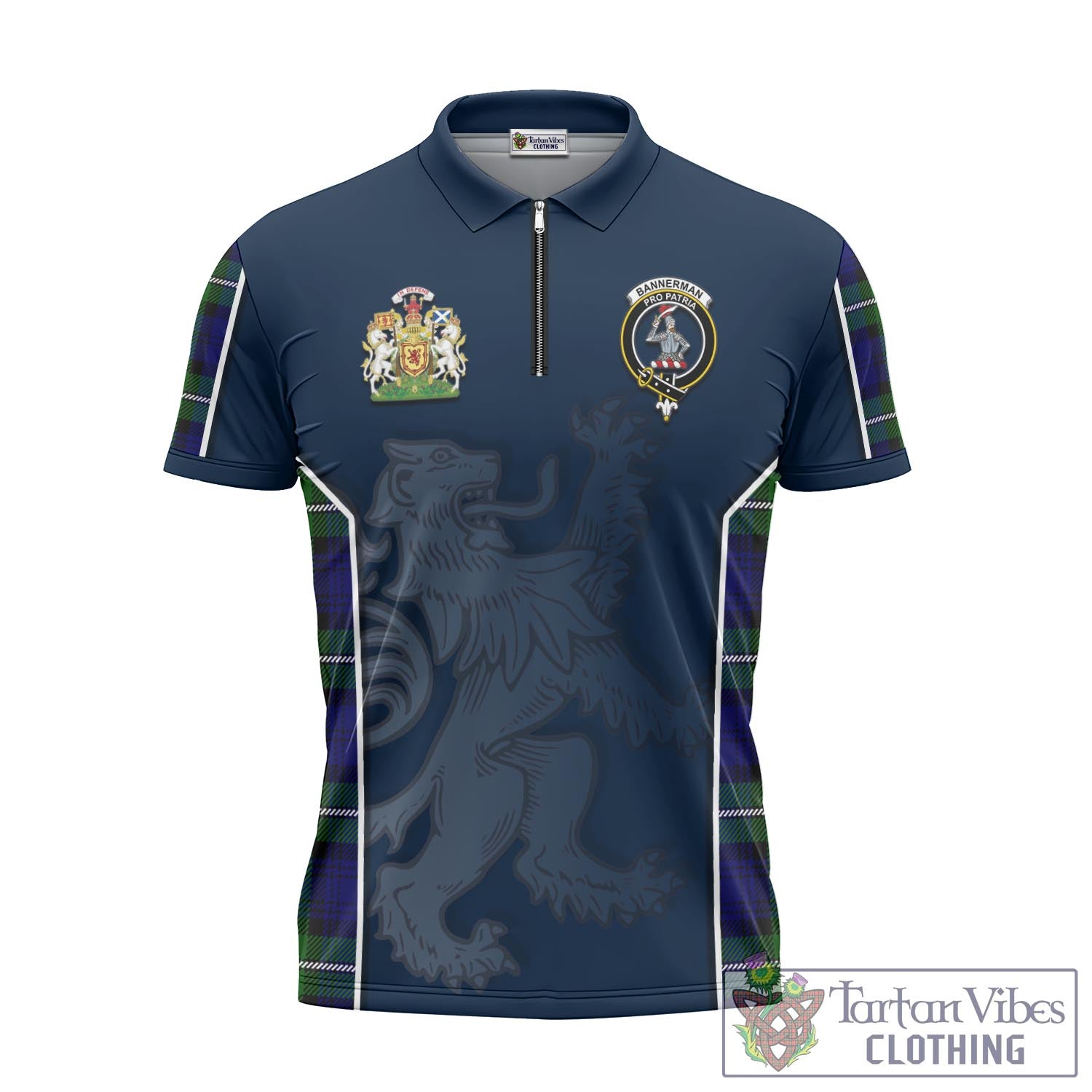 Tartan Vibes Clothing Bannerman Tartan Zipper Polo Shirt with Family Crest and Lion Rampant Vibes Sport Style