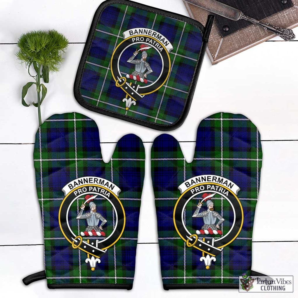 Bannerman Tartan Combo Oven Mitt & Pot-Holder with Family Crest Combo 1 Oven Mitt & 1 Pot-Holder Black - Tartan Vibes Clothing