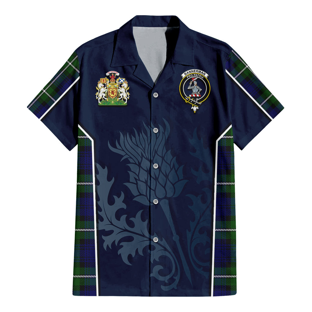 Tartan Vibes Clothing Bannerman Tartan Short Sleeve Button Up Shirt with Family Crest and Scottish Thistle Vibes Sport Style