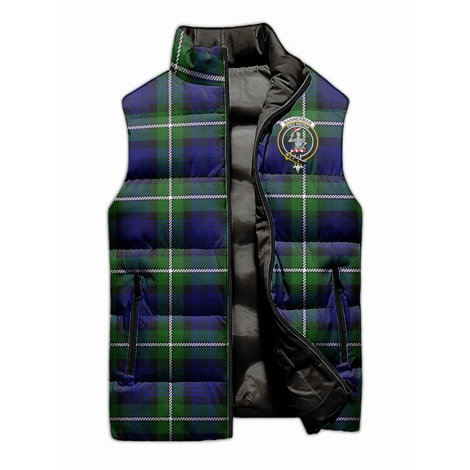 Bannerman Tartan Sleeveless Puffer Jacket with Family Crest - Tartanvibesclothing