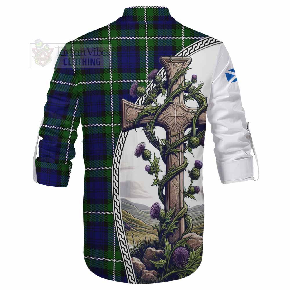 Tartan Vibes Clothing Bannerman Tartan Ghillie Kilt Shirt with Family Crest and St. Andrew's Cross Accented by Thistle Vines